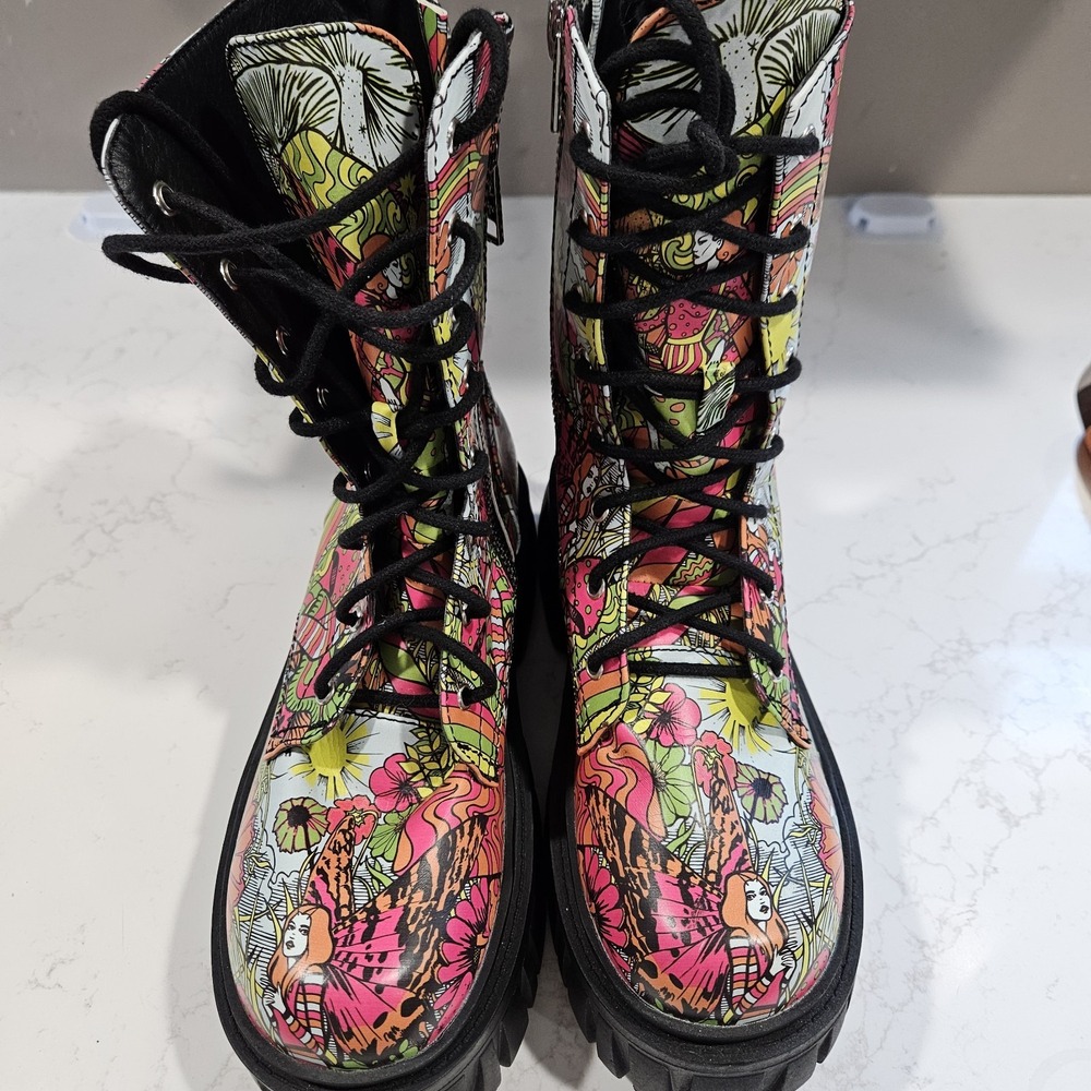 Dolls Kill Alice in Wonderland Multicolor Combat Mid-Calf Lace-Up Zip Boot US 8